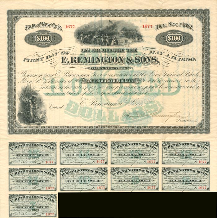 E. Remington and Sons Co. $100 Bond signed by Eliphalet Remington III dated November 1, 1882